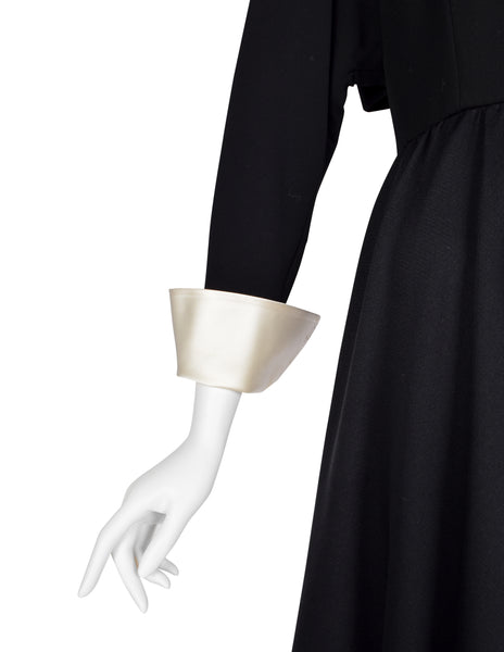 Chanel Vintage AW 1991 Black Wool and Silk Dress with Ivory Silk Collar and Cuffs