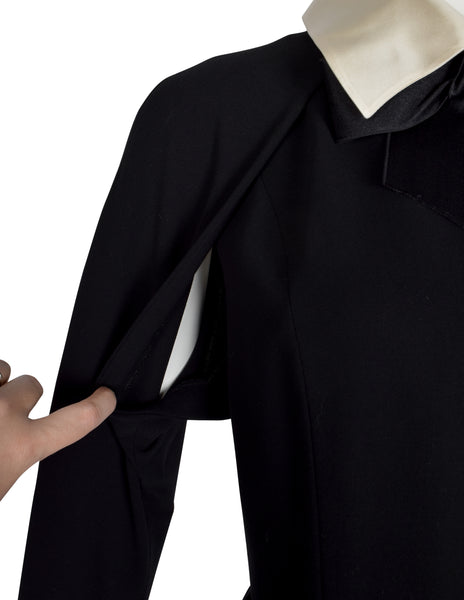 Chanel Vintage AW 1991 Black Wool and Silk Dress with Ivory Silk Collar and Cuffs