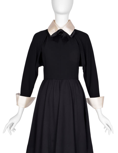 Chanel Vintage AW 1991 Black Wool and Silk Dress with Ivory Silk Collar and Cuffs