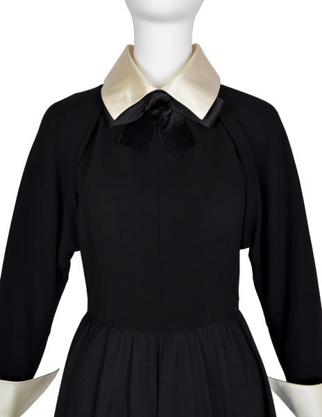 Chanel Vintage AW 1991 Black Wool and Silk Dress with Ivory Silk Collar and Cuffs