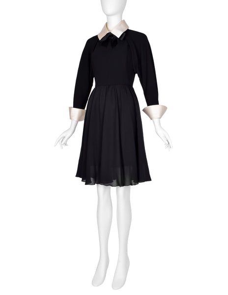 Chanel Vintage AW 1991 Black Wool and Silk Dress with Ivory Silk Collar and Cuffs