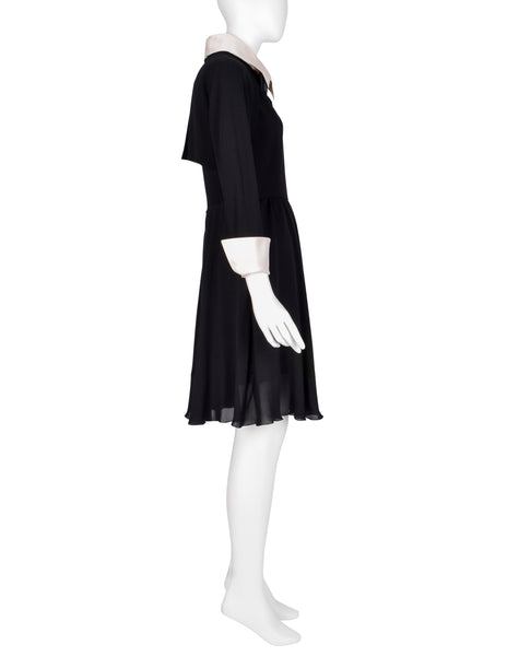 Chanel Vintage AW 1991 Black Wool and Silk Dress with Ivory Silk Collar and Cuffs
