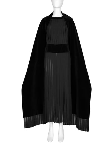 Chanel Vintage AW 1989 Black Pleated Silk and Velvet Gown with Matching Shawl