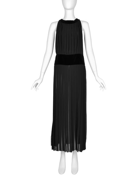 Chanel Vintage AW 1989 Black Pleated Silk and Velvet Gown with Matching Shawl