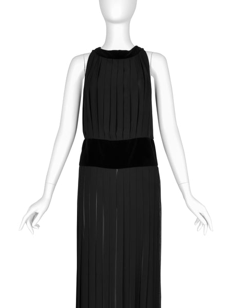 Chanel Vintage AW 1989 Black Pleated Silk and Velvet Gown with Matching Shawl