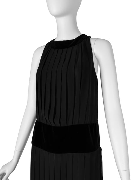 Chanel Vintage AW 1989 Black Pleated Silk and Velvet Gown with Matching Shawl