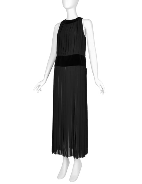 Chanel Vintage AW 1989 Black Pleated Silk and Velvet Gown with Matching Shawl