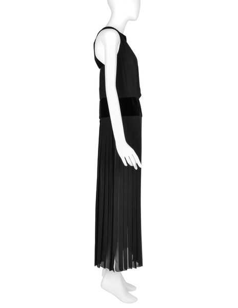 Chanel Vintage AW 1989 Black Pleated Silk and Velvet Gown with Matching Shawl