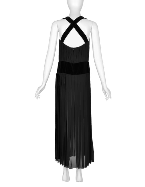 Chanel Vintage AW 1989 Black Pleated Silk and Velvet Gown with Matching Shawl