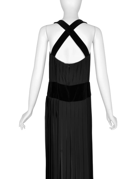 Chanel Vintage AW 1989 Black Pleated Silk and Velvet Gown with Matching Shawl