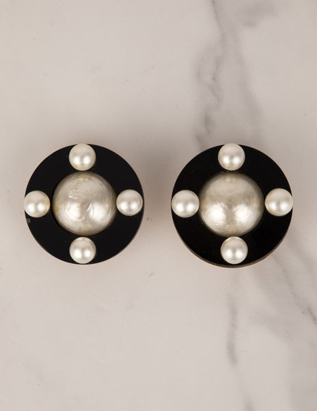 Chanel Vintage SS 1987 Pearl Adorned Black Disc Earrings