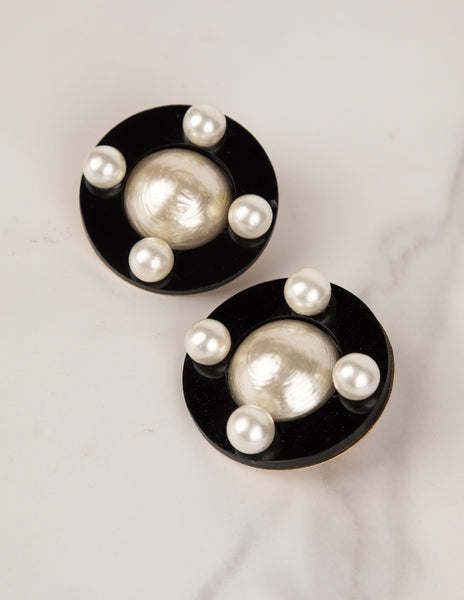 Chanel Vintage SS 1987 Pearl Adorned Black Disc Earrings