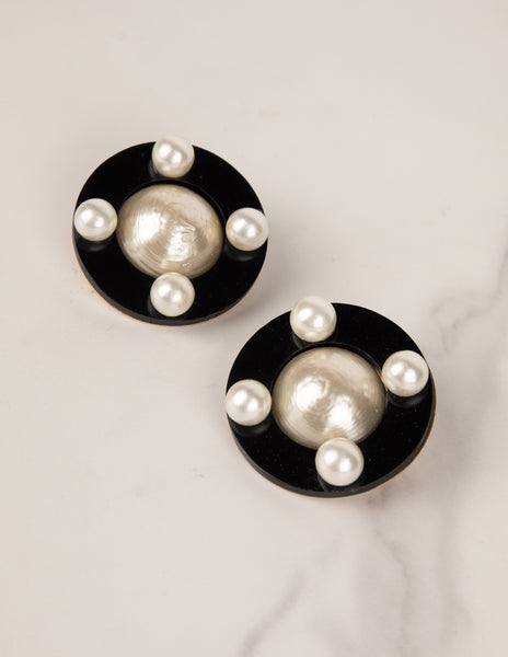 Chanel Vintage SS 1987 Pearl Adorned Black Disc Earrings