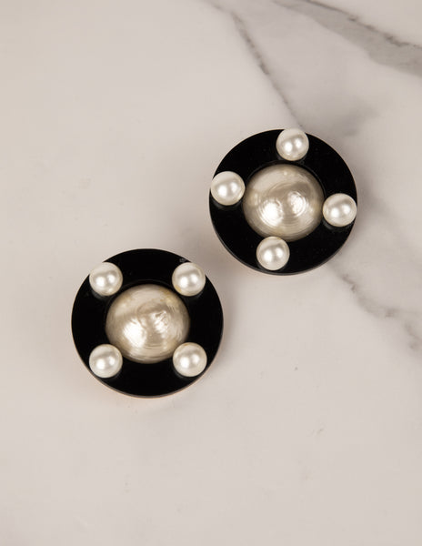 Chanel Vintage SS 1987 Pearl Adorned Black Disc Earrings