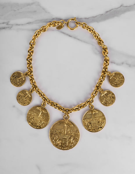 Chanel Vintage 1980s Brassy Gold Multi Medallion Chain Necklace