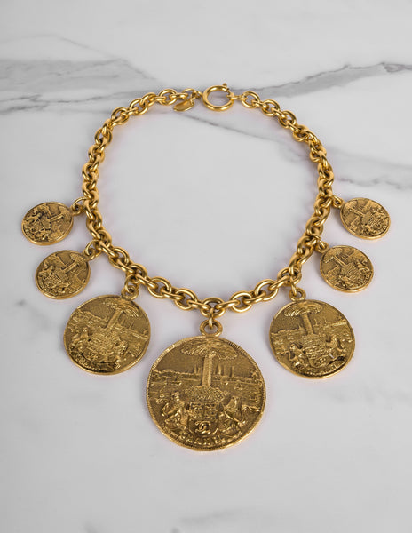 Chanel Vintage 1980s Brassy Gold Multi Medallion Chain Necklace