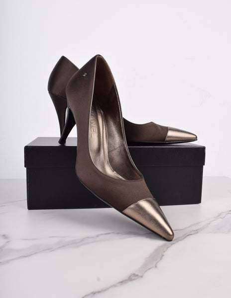 Chanel Vintage AW 2004 Deepest Brown Satin and Bronze Leather Cap Toe Pumps
