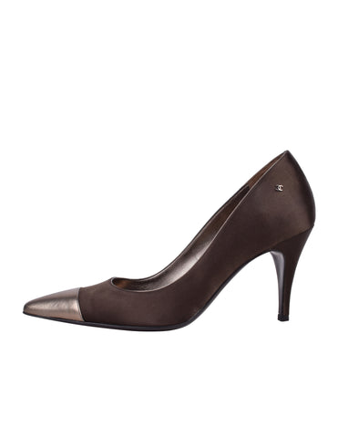 Chanel Vintage AW 2004 Deepest Brown Satin and Bronze Leather Cap Toe Pumps