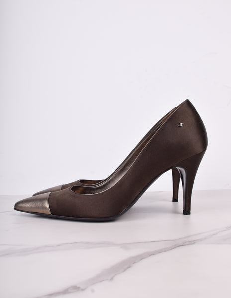 Chanel Vintage AW 2004 Deepest Brown Satin and Bronze Leather Cap Toe Pumps