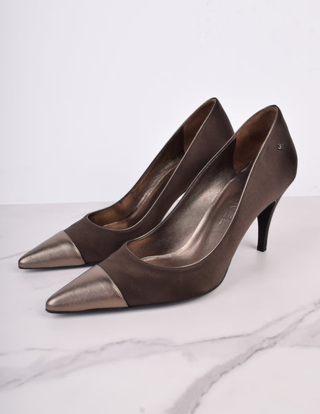 Chanel Vintage AW 2004 Deepest Brown Satin and Bronze Leather Cap Toe Pumps