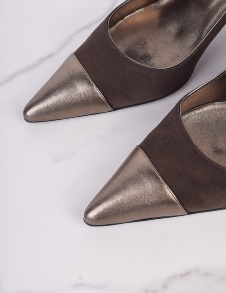 Chanel Vintage AW 2004 Deepest Brown Satin and Bronze Leather Cap Toe Pumps