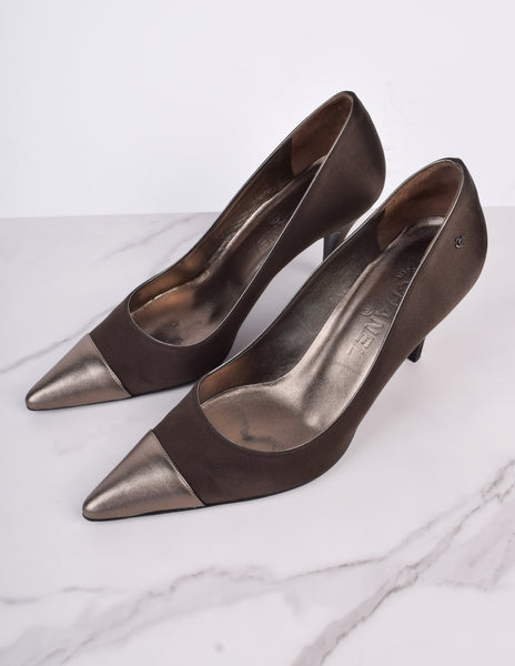 Chanel Vintage AW 2004 Deepest Brown Satin and Bronze Leather Cap Toe Pumps