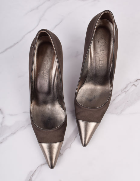 Chanel Vintage AW 2004 Deepest Brown Satin and Bronze Leather Cap Toe Pumps