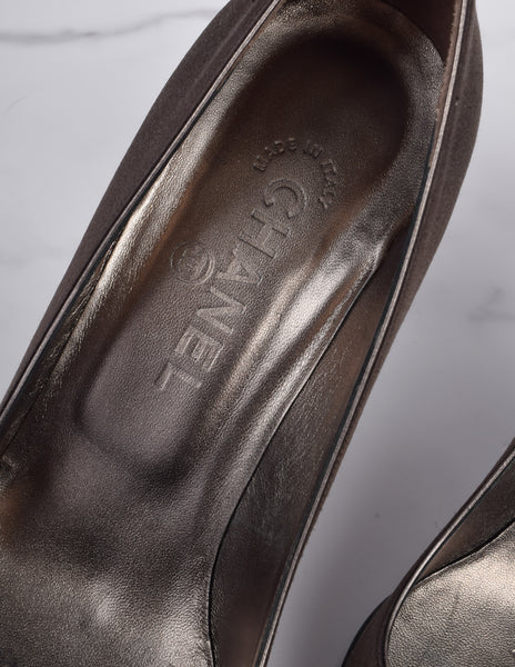 Chanel Vintage AW 2004 Deepest Brown Satin and Bronze Leather Cap Toe Pumps