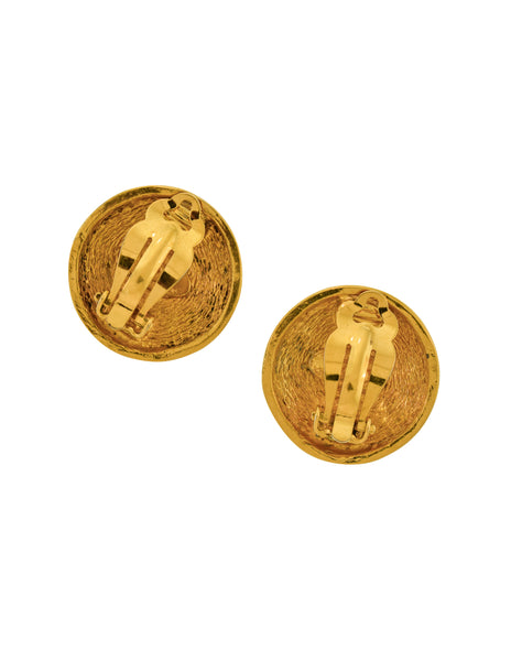 Chanel Vintage 1980s Golden Round Quilted CC Logo Earrings