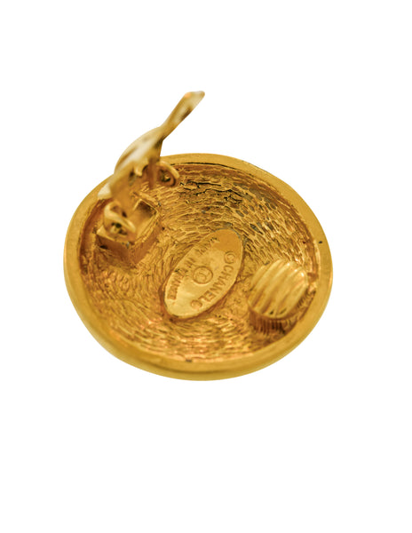 Chanel Vintage 1980s Golden Round Quilted CC Logo Earrings
