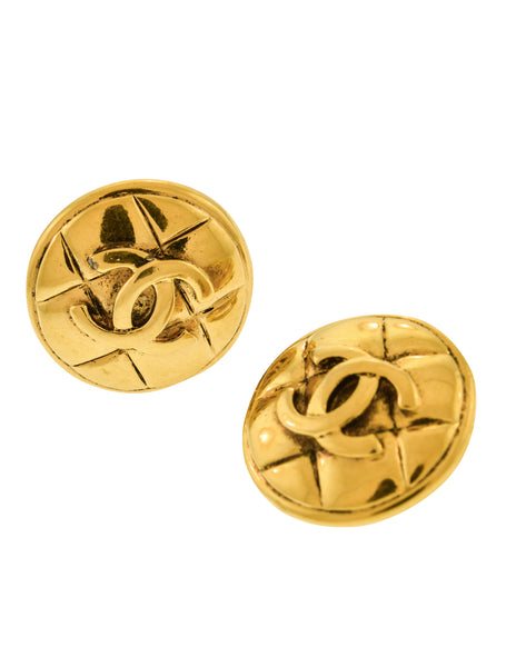 Chanel Vintage 1980s Golden Round Quilted CC Logo Earrings