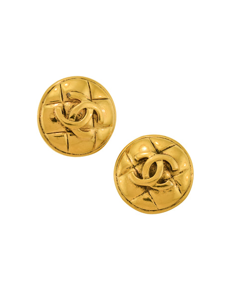 Chanel Vintage 1980s Golden Round Quilted CC Logo Earrings