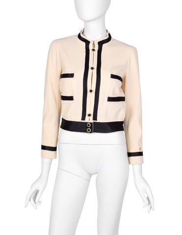 Chanel Vintage SS 2002 Cream Wool Black Silk Cropped Jacket
