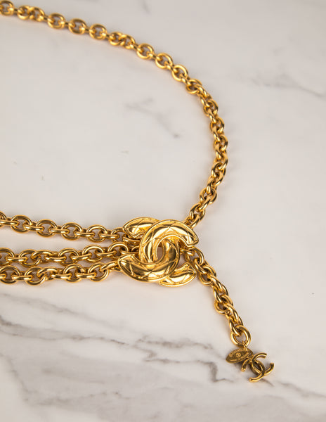 Chanel Vintage Golden Quilted CC Logo Triple Row Chain Belt