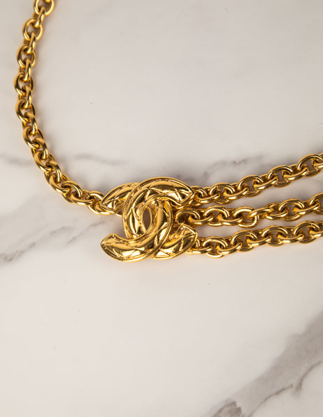 Chanel Vintage Golden Quilted CC Logo Triple Row Chain Belt
