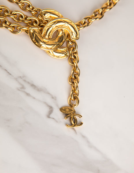 Chanel Vintage Golden Quilted CC Logo Triple Row Chain Belt