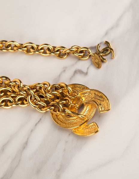 Chanel Vintage Golden Quilted CC Logo Triple Row Chain Belt