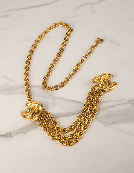 Chanel Vintage Golden Quilted CC Logo Triple Row Chain Belt