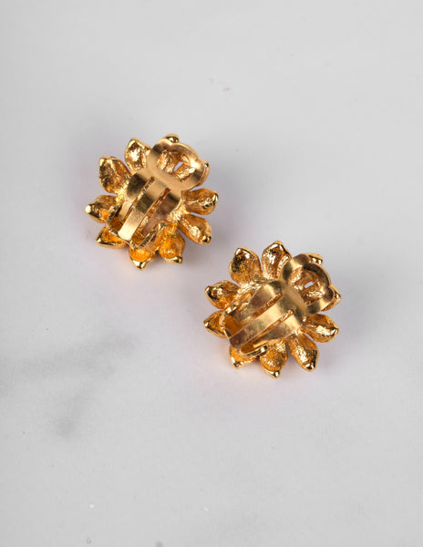 Chanel Vintage AW 1996 Small Pearl and Rhinestone Golden Floral Earrings