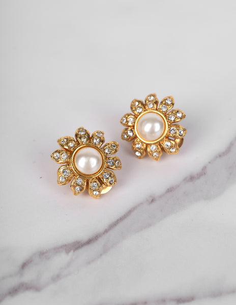 Chanel Vintage AW 1996 Small Pearl and Rhinestone Golden Floral Earrings