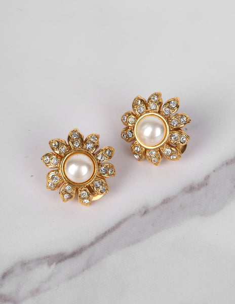 Chanel Vintage AW 1996 Small Pearl and Rhinestone Golden Floral Earrings