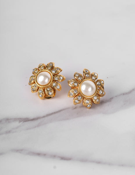 Chanel Vintage AW 1996 Small Pearl and Rhinestone Golden Floral Earrings