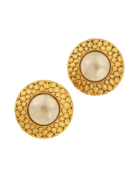 Chanel Vintage 1980s Large Golden Weave Frame Pearl Earrings
