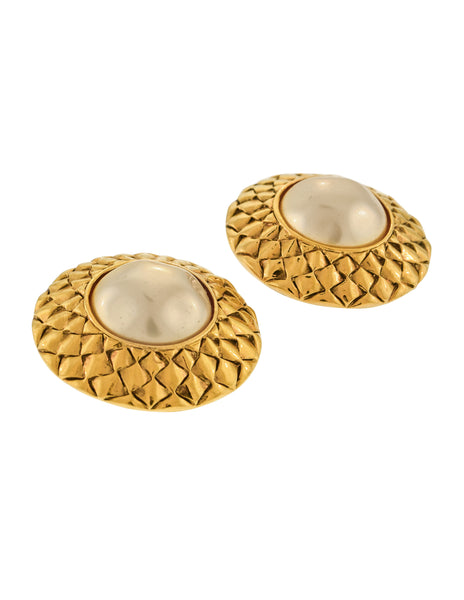 Chanel Vintage 1980s Large Golden Weave Frame Pearl Earrings