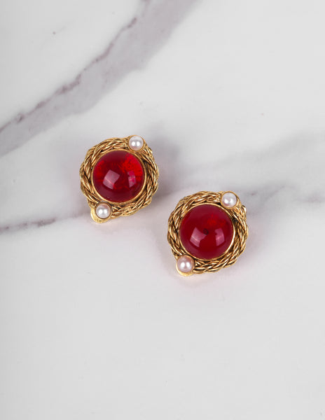 Chanel Vintage 1970s Dainty Golden Framed Red Gripoix Earrings