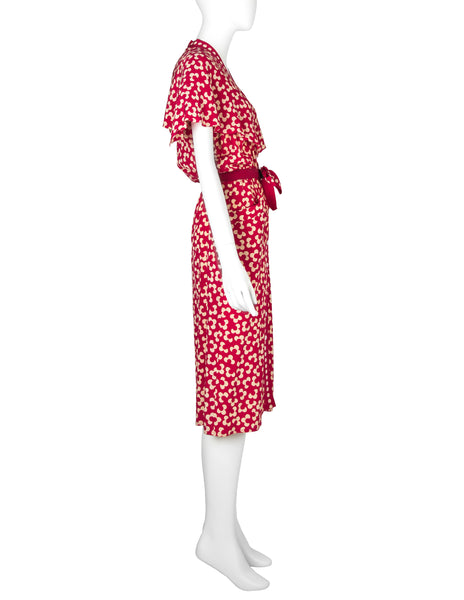 Chloe by Karl Lagerfeld Vintage SS 1984 Red and Cream Floral Silk Dress