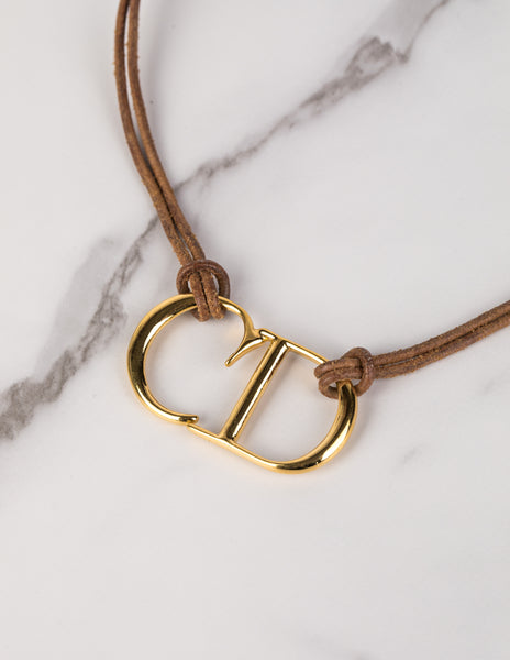 Christian Dior Vintage AW 2000 by John Galliano Golden CD Logo Brown Leather Necklace
