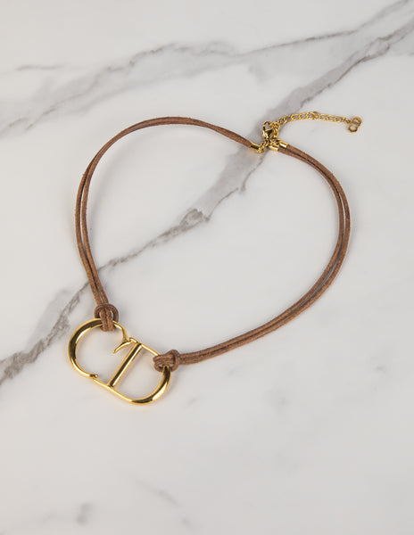 Christian Dior Vintage AW 2000 by John Galliano Golden CD Logo Brown Leather Necklace