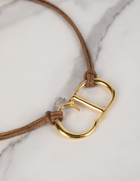 Christian Dior Vintage AW 2000 by John Galliano Golden CD Logo Brown Leather Necklace