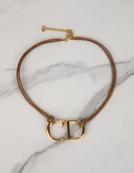 Christian Dior Vintage AW 2000 by John Galliano Golden CD Logo Brown Leather Necklace